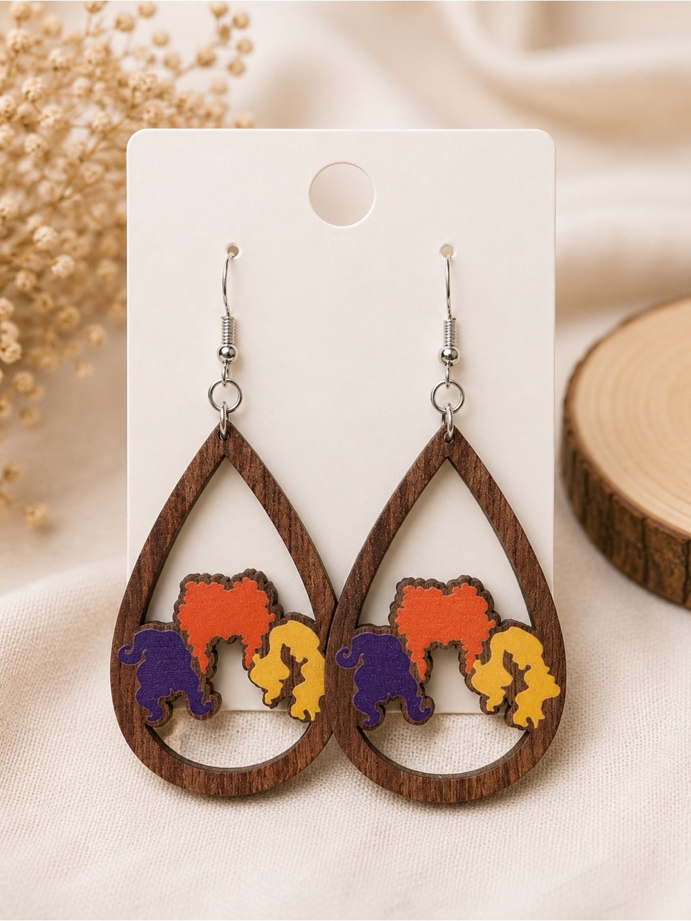 Wooden Teardrop Earrings with Orange, Purple & Yellow Accents
